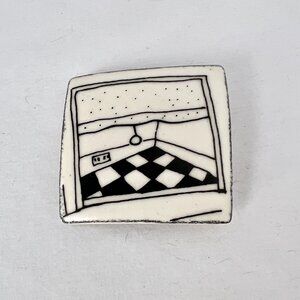 Vintage Fina Flor '89 Brooch SIGNED Black & White Room Floor Tile Square Ceramic